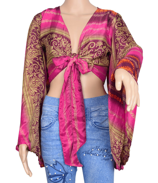 Sushila Vintage Bell Sleeve Bohemian Magenta NEW Recycled Silk Saree Top Retro