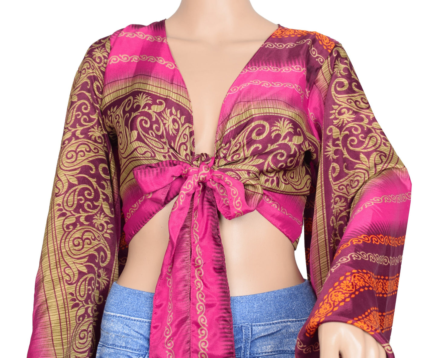 Sushila Vintage Bell Sleeve Bohemian Magenta NEW Recycled Silk Saree Top Retro