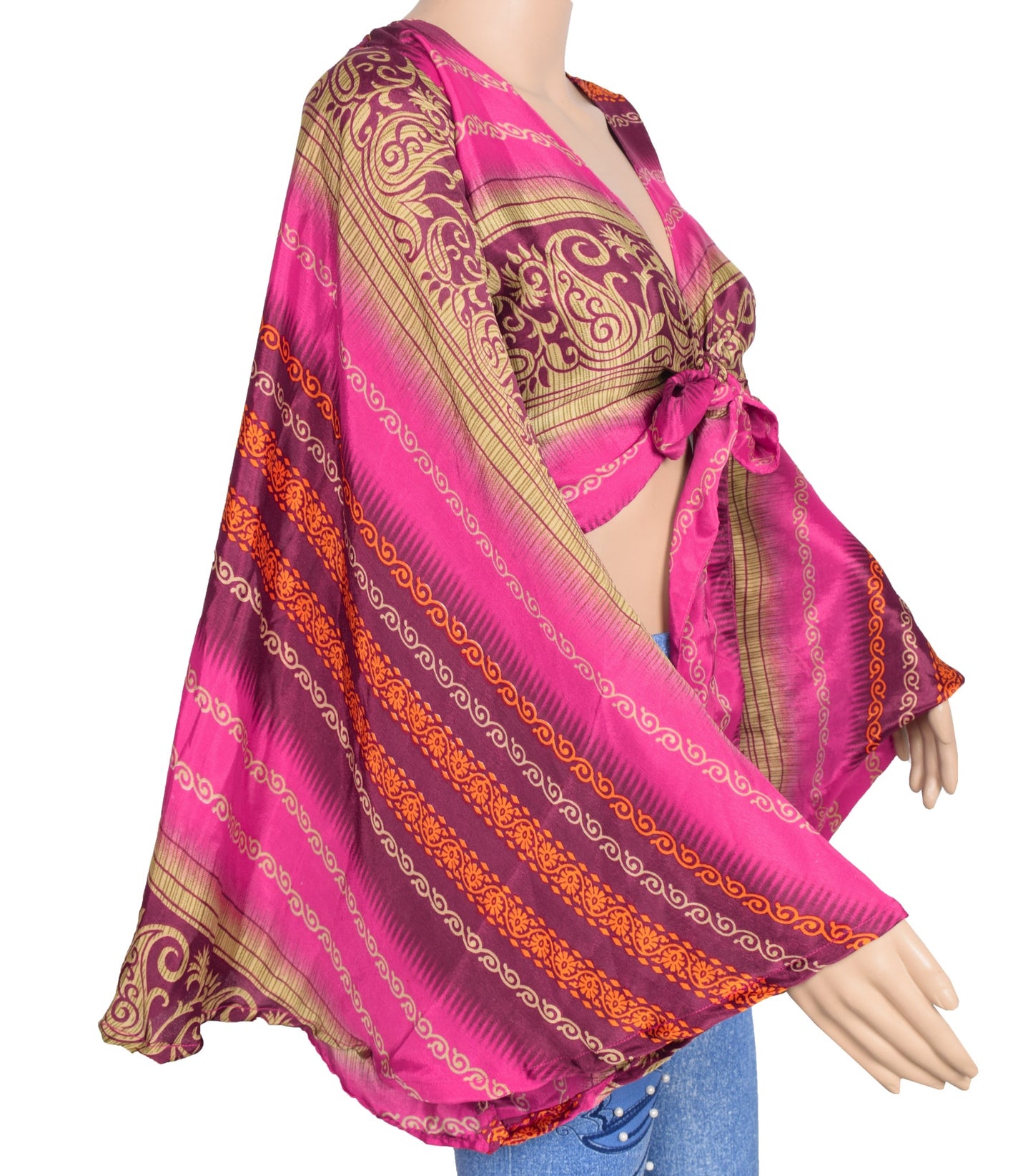 Sushila Vintage Bell Sleeve Bohemian Magenta NEW Recycled Silk Saree Top Retro