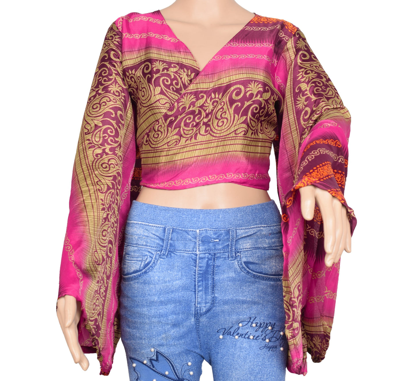 Sushila Vintage Bell Sleeve Bohemian Magenta NEW Recycled Silk Saree Top Retro