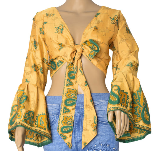 Sushila Vintage 70s Boho Bell Sleeve Top Yellow Recycled Silk Saree New Hippie