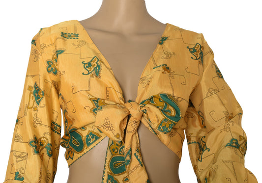 Sushila Vintage 70s Boho Bell Sleeve Top Yellow Recycled Silk Saree New Hippie