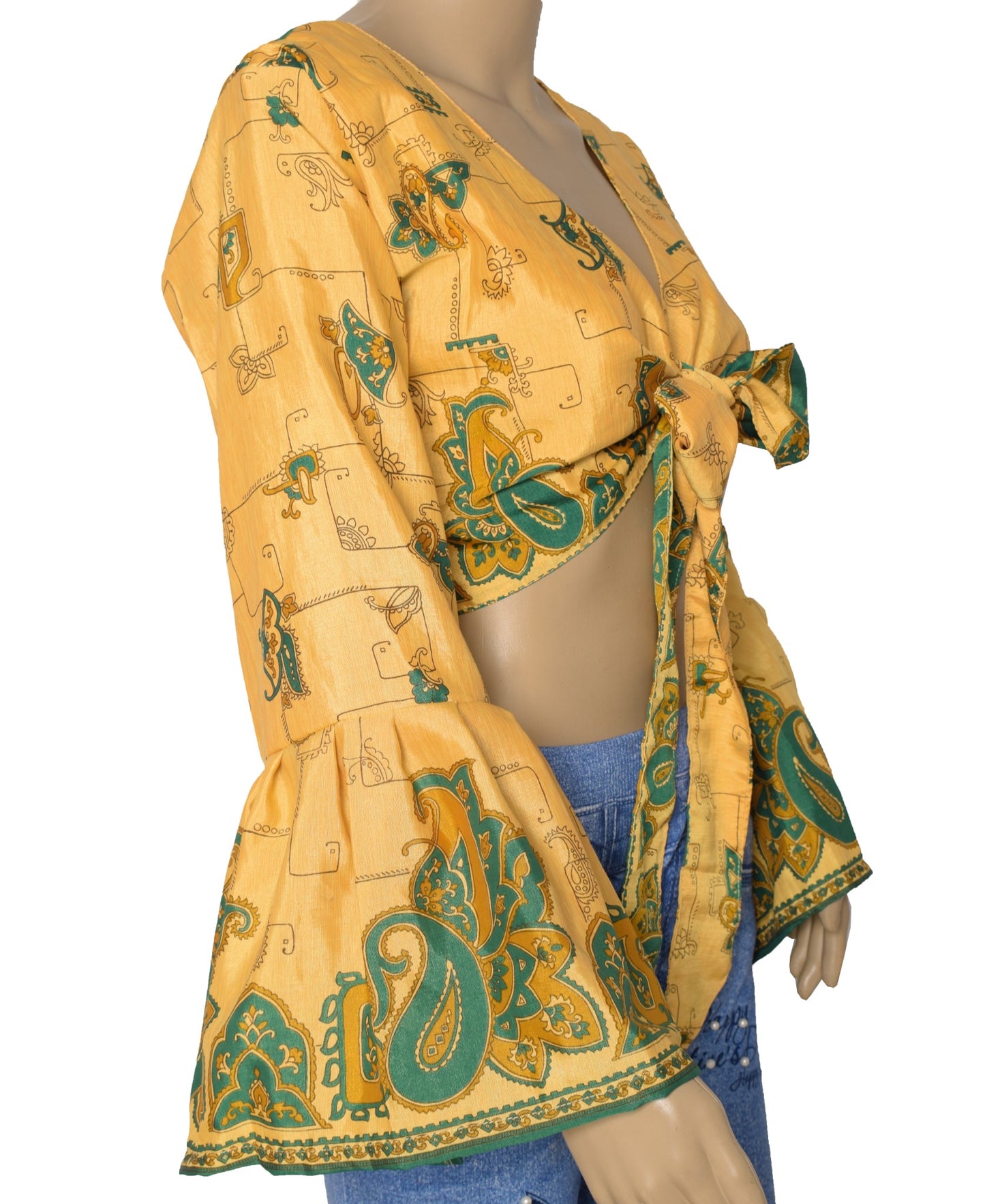 Sushila Vintage 70s Boho Bell Sleeve Top Yellow Recycled Silk Saree New Hippie