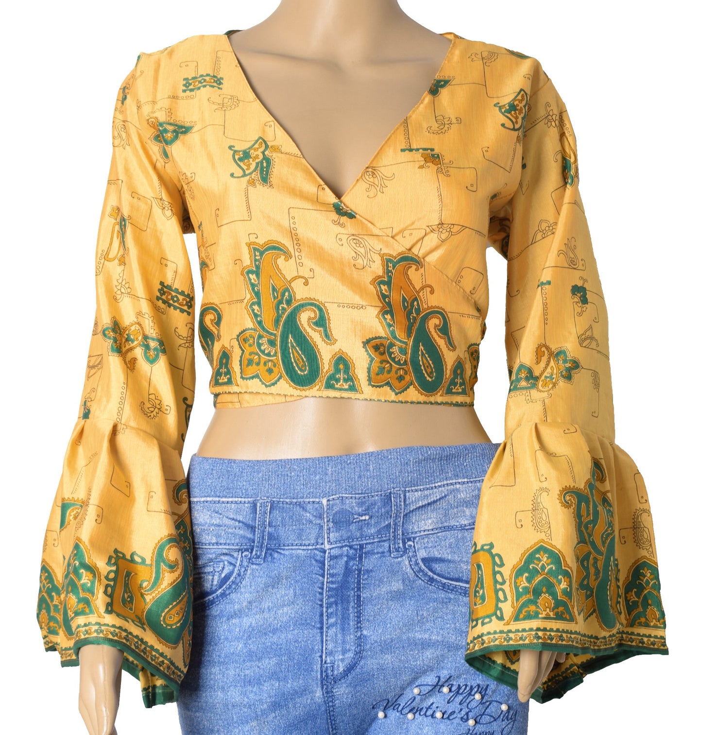 Sushila Vintage 70s Boho Bell Sleeve Top Yellow Recycled Silk Saree New Hippie