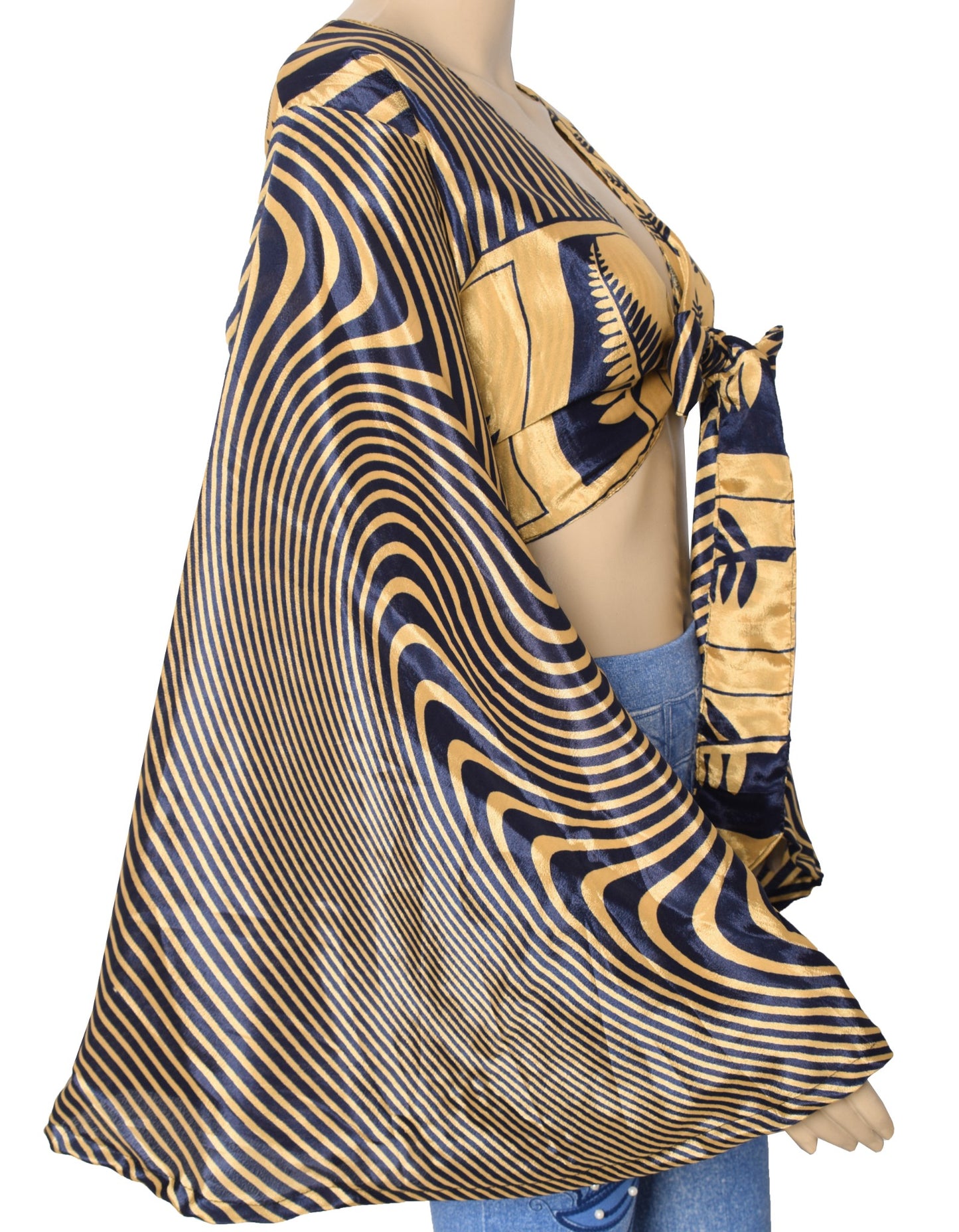 Sushila Vintage Bell Sleeve Bohemian NEW Recycled Silk Saree Top 70,s RetroBlue