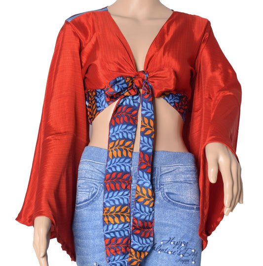 Sushila Vintage Red Bell Sleeve Bohemian NEW Recycled Silk Saree Top 70,s Retro