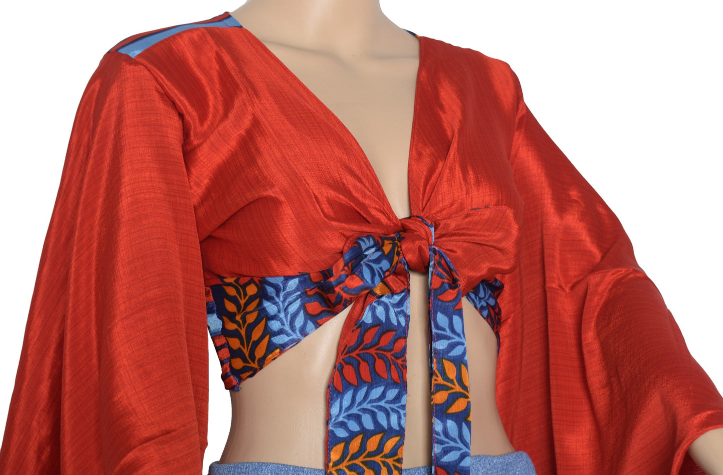 Sushila Vintage Red Bell Sleeve Bohemian NEW Recycled Silk Saree Top 70,s Retro
