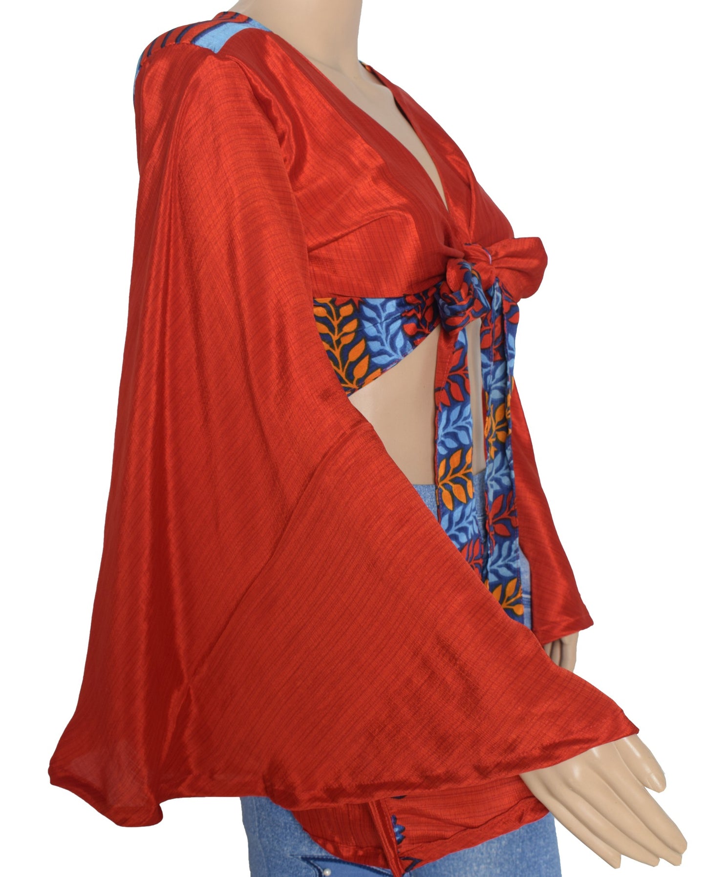 Sushila Vintage Red Bell Sleeve Bohemian NEW Recycled Silk Saree Top 70,s Retro