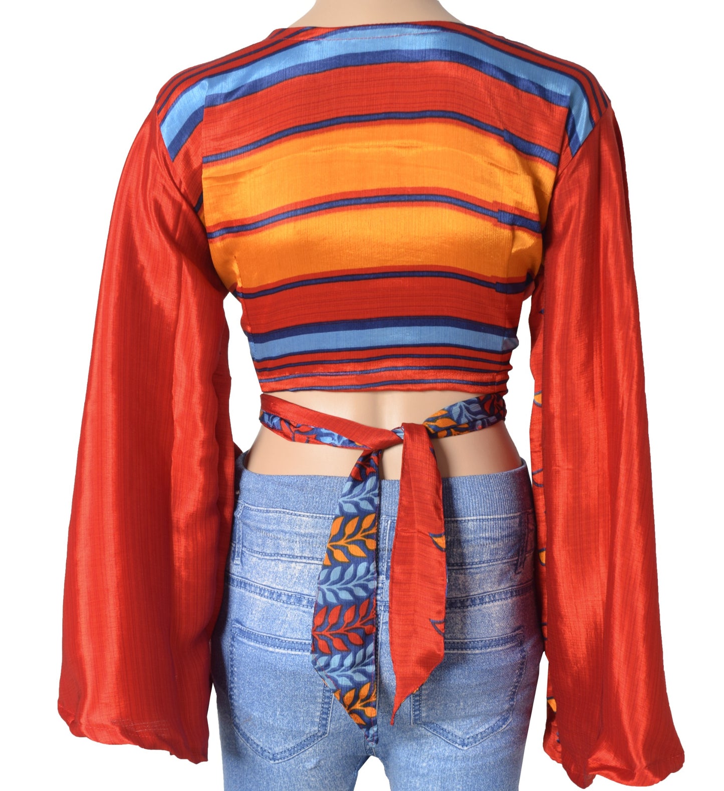 Sushila Vintage Red Bell Sleeve Bohemian NEW Recycled Silk Saree Top 70,s Retro