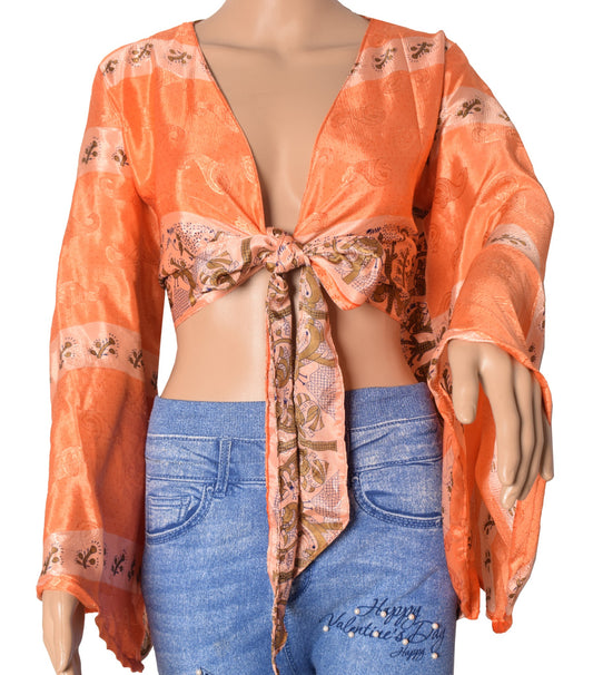 Sushila Vintage 70s Boho Bell Sleeve Top Recycled Silk Saree New Retro Orange