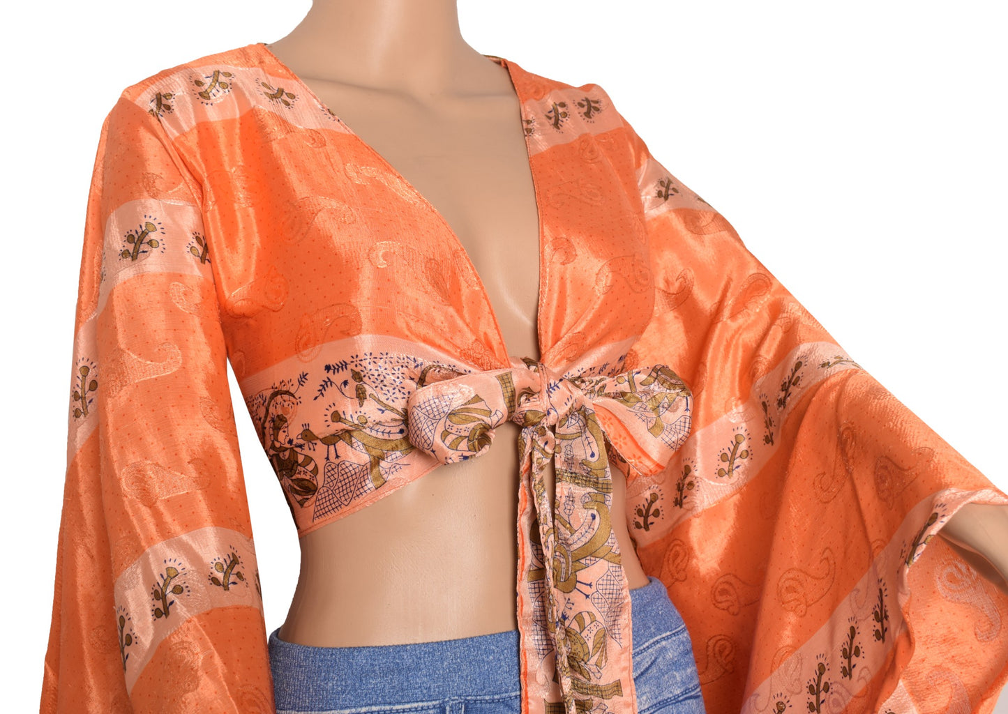 Sushila Vintage 70s Boho Bell Sleeve Top Recycled Silk Saree New Retro Orange