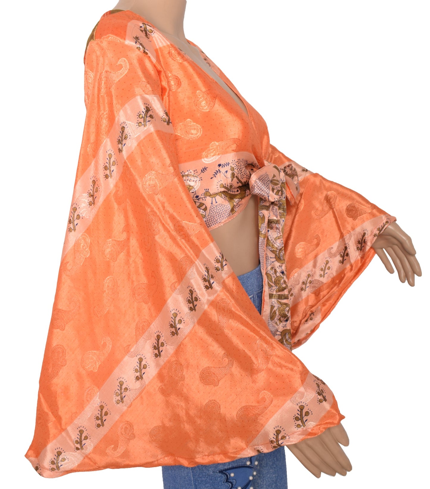 Sushila Vintage 70s Boho Bell Sleeve Top Recycled Silk Saree New Retro Orange