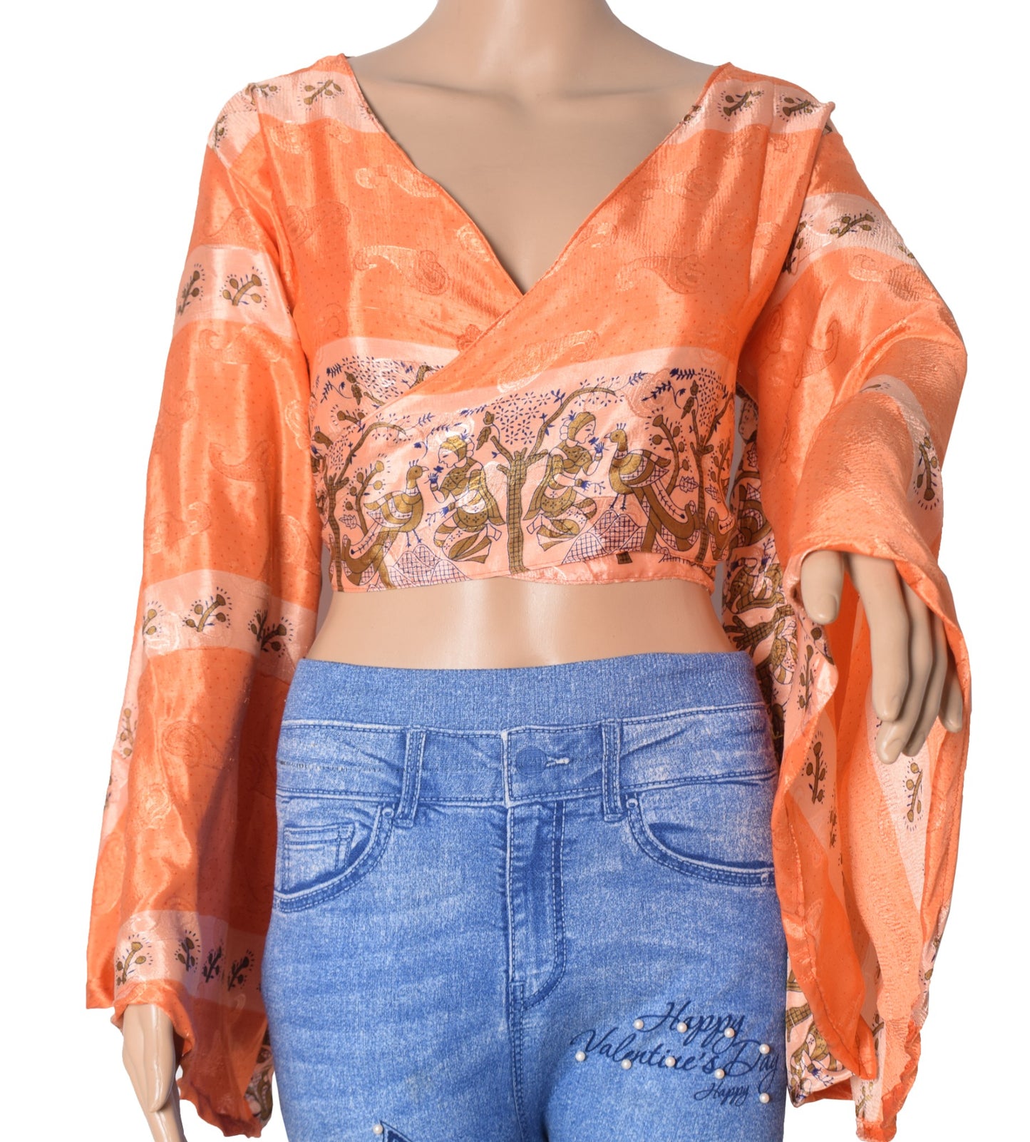 Sushila Vintage 70s Boho Bell Sleeve Top Recycled Silk Saree New Retro Orange