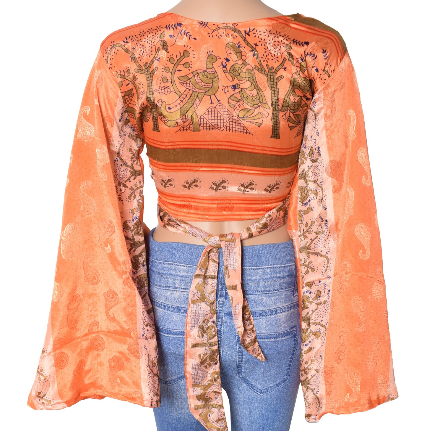 Sushila Vintage 70s Boho Bell Sleeve Top Recycled Silk Saree New Retro Orange