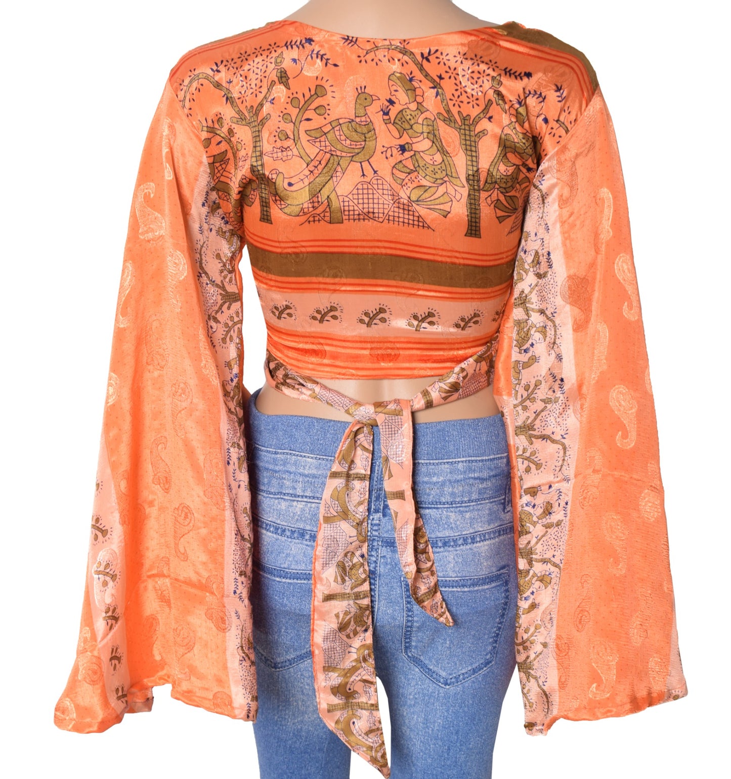 Sushila Vintage 70s Boho Bell Sleeve Top Recycled Silk Saree New Retro Orange