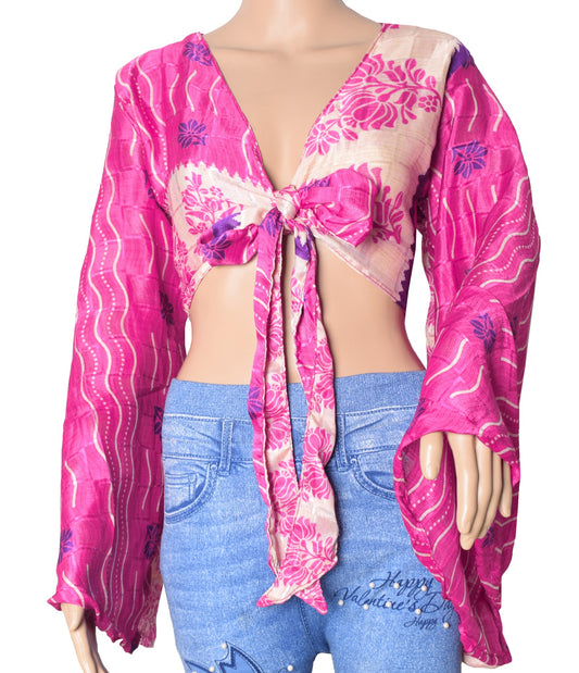 Sushila Vintage Bell Sleeve Bohemian Magenta Recycled Silk Saree Top 70,s Retro