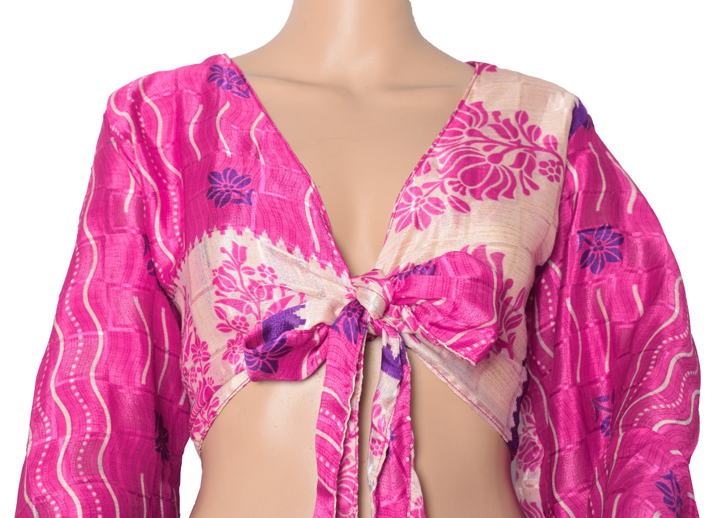 Sushila Vintage Bell Sleeve Bohemian Magenta Recycled Silk Saree Top 70,s Retro