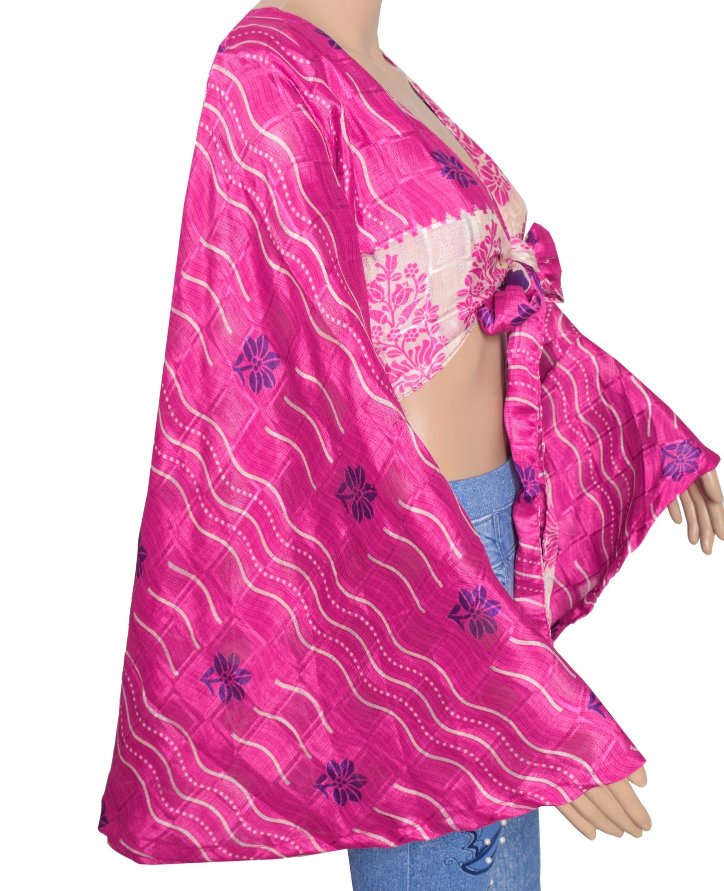 Sushila Vintage Bell Sleeve Bohemian Magenta Recycled Silk Saree Top 70,s Retro