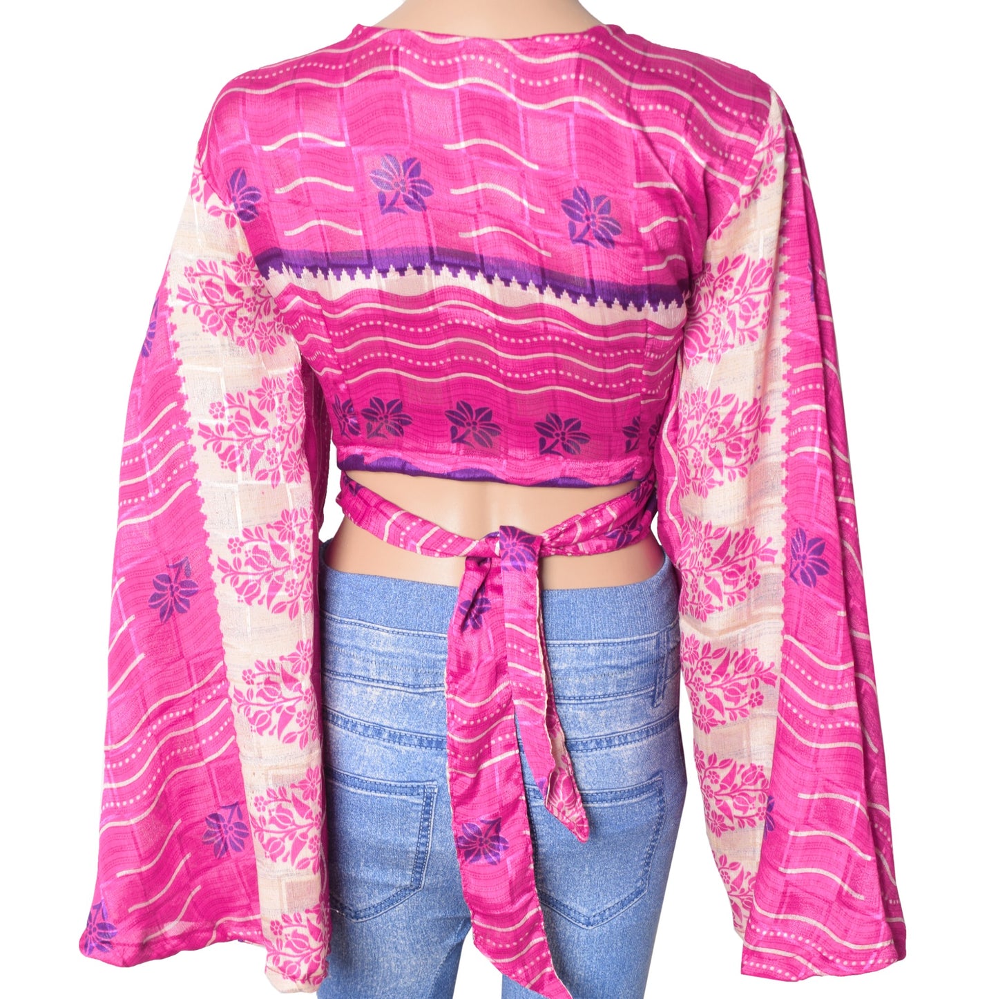 Sushila Vintage Bell Sleeve Bohemian Magenta Recycled Silk Saree Top 70,s Retro