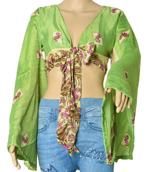 Sushila Vintage Bell Sleeve Bohemian NEW Birds Green Silk Saree Top 70,s Retro