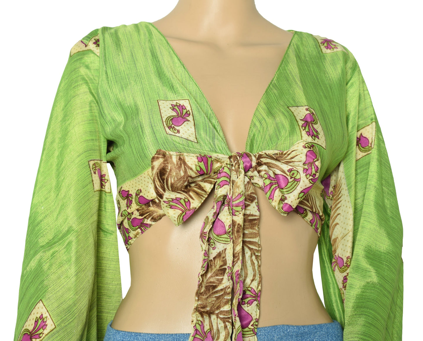 Sushila Vintage Bell Sleeve Bohemian NEW Birds Green Silk Saree Top 70,s Retro