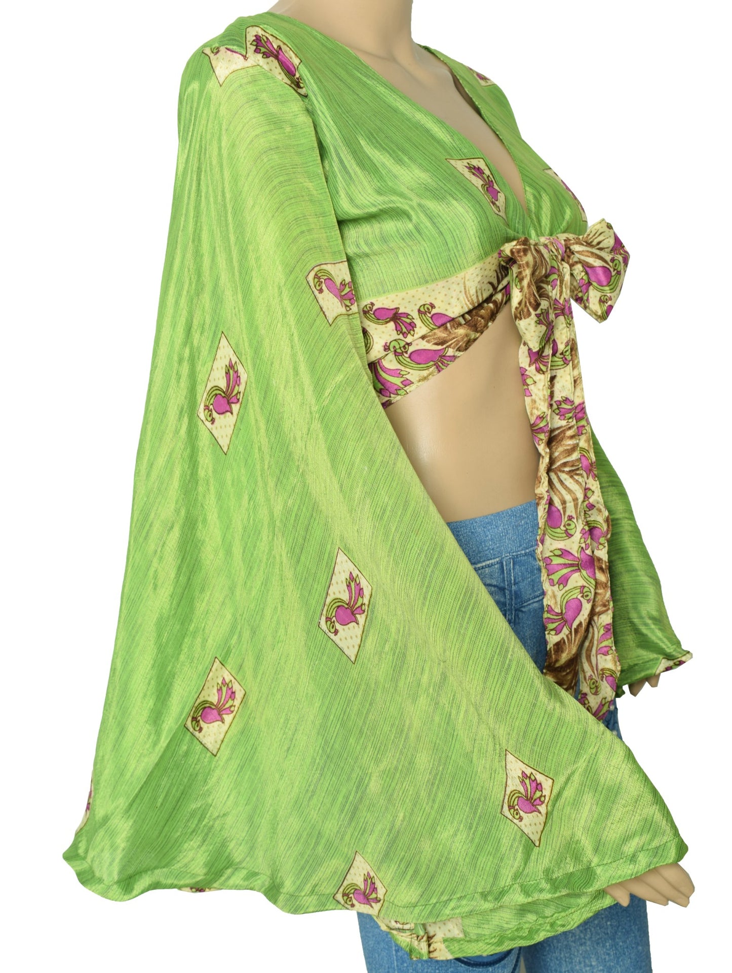 Sushila Vintage Bell Sleeve Bohemian NEW Birds Green Silk Saree Top 70,s Retro