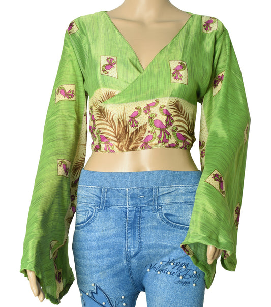 Sushila Vintage Bell Sleeve Bohemian NEW Birds Green Silk Saree Top 70,s Retro