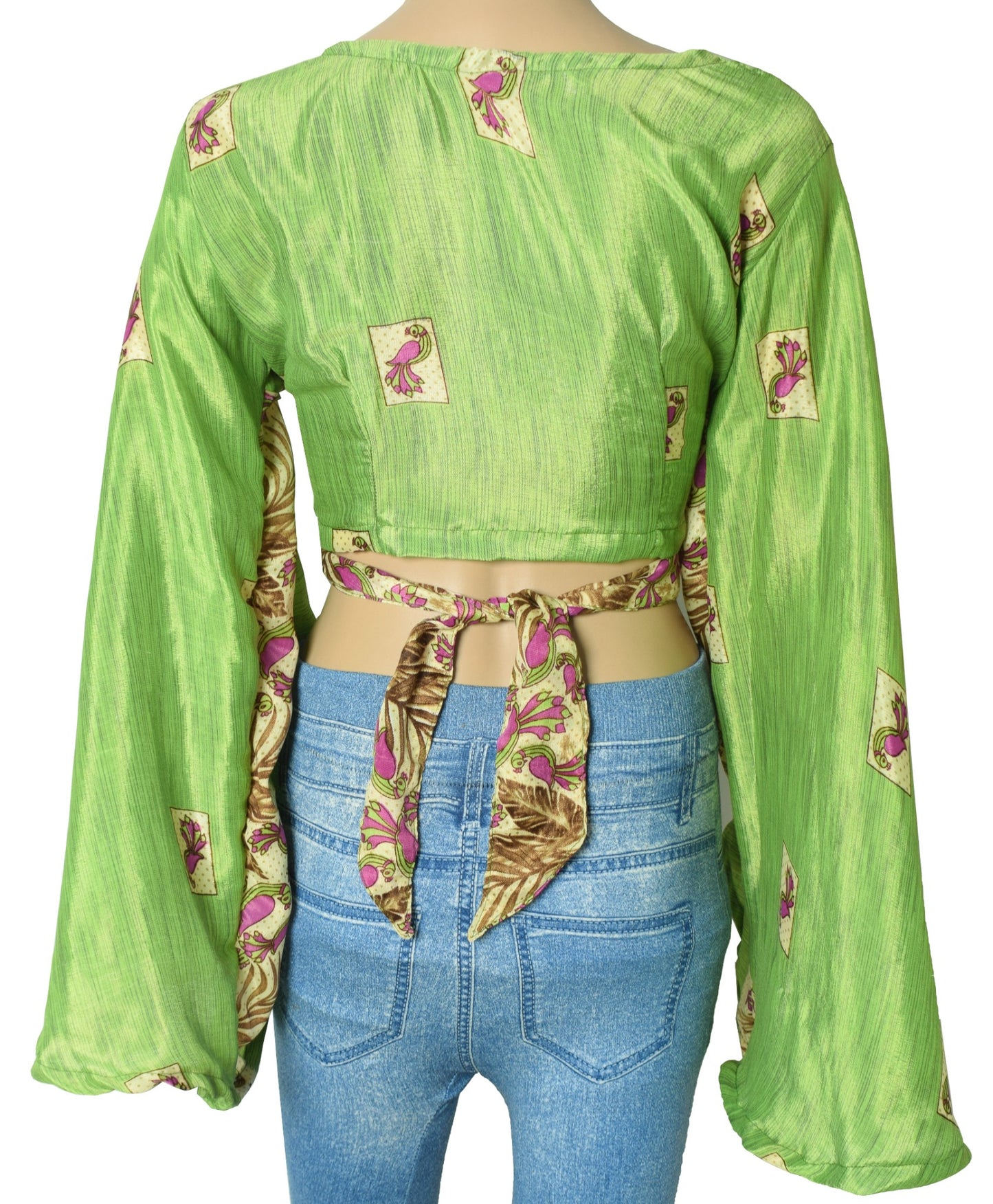 Sushila Vintage Bell Sleeve Bohemian NEW Birds Green Silk Saree Top 70,s Retro