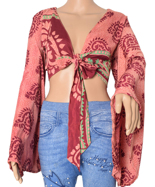 Sushila Vintage Bell Sleeve Bohemian Floral Recycled Silk Saree Top 70,s Retro