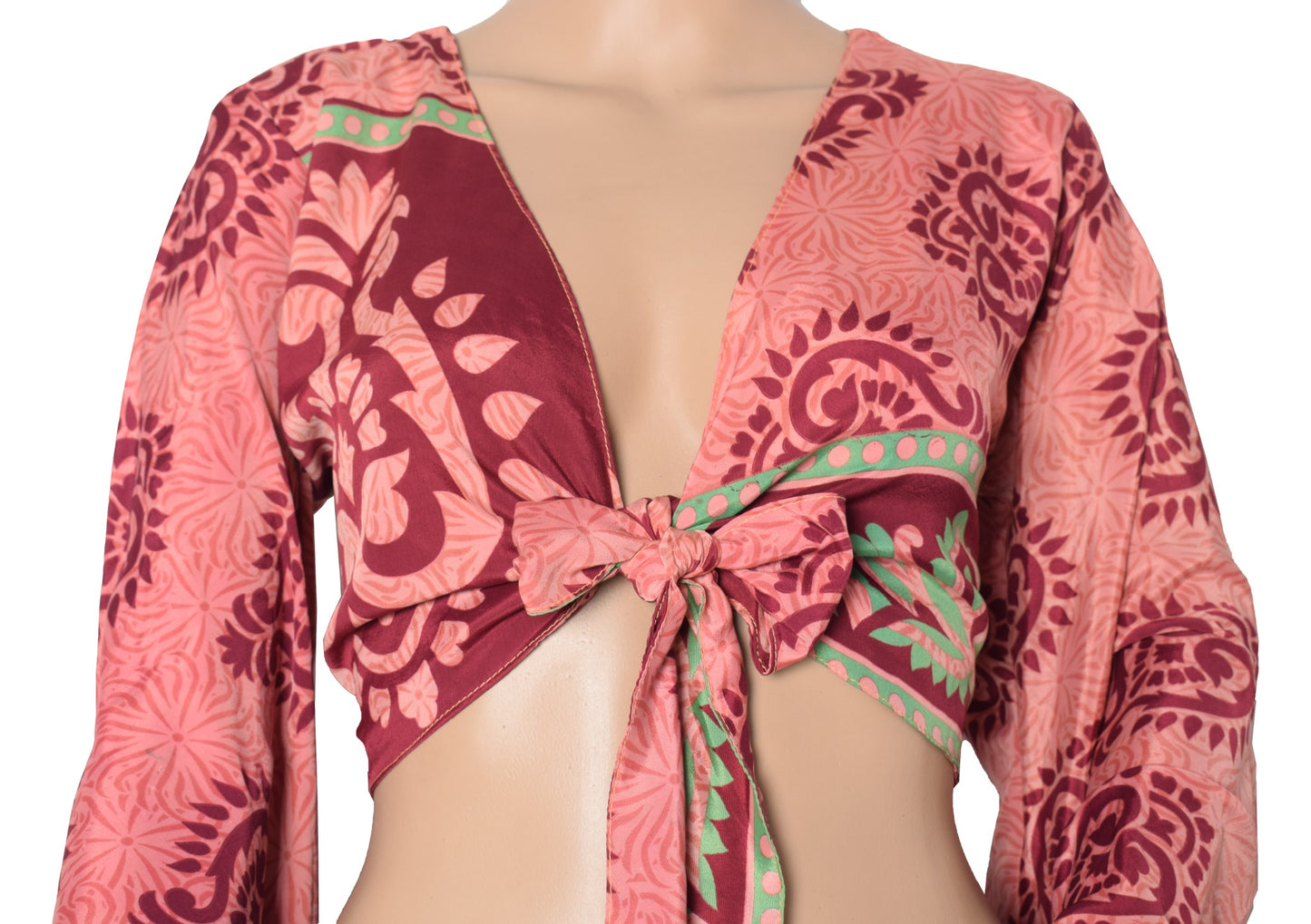 Sushila Vintage Bell Sleeve Bohemian Floral Recycled Silk Saree Top 70,s Retro