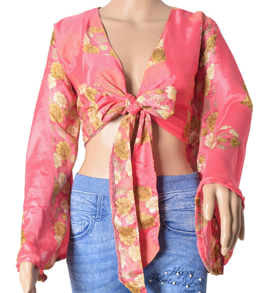 Sushila Vintage Bell Sleeve Bohemian NEW Recycled Silk Saree Pink Top 70s Retro