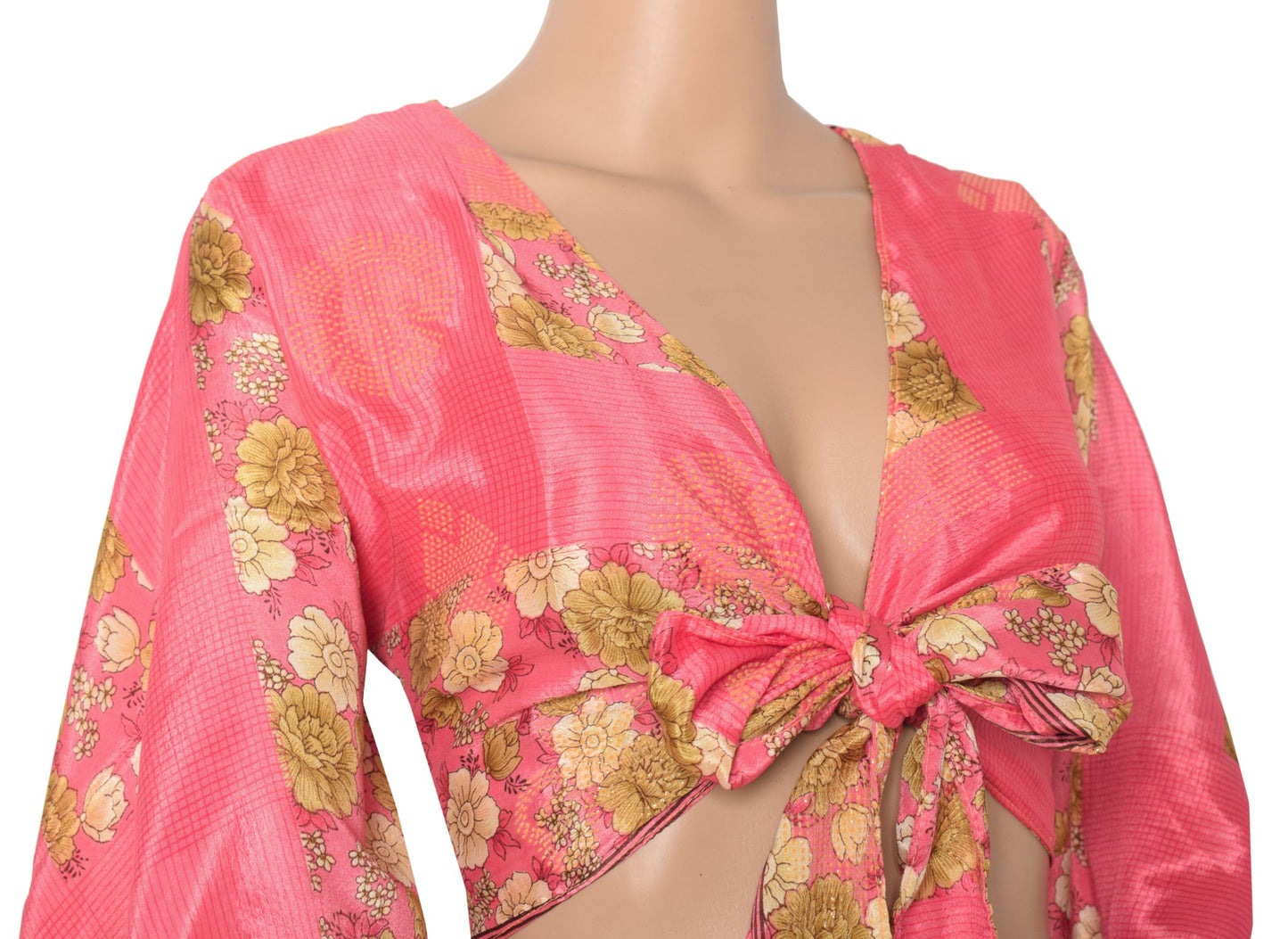 Sushila Vintage Bell Sleeve Bohemian NEW Recycled Silk Saree Pink Top 70s Retro