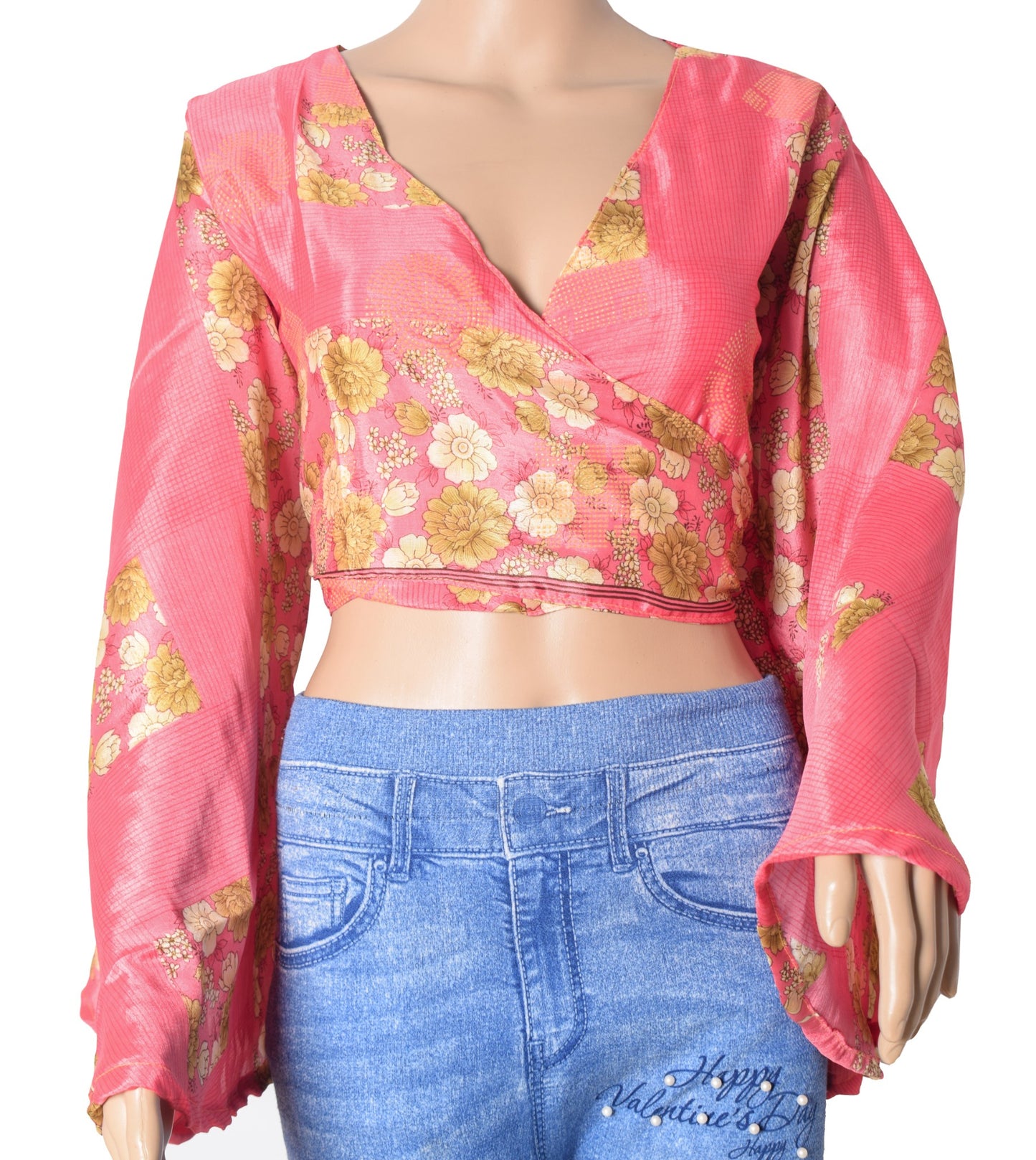 Sushila Vintage Bell Sleeve Bohemian NEW Recycled Silk Saree Pink Top 70s Retro