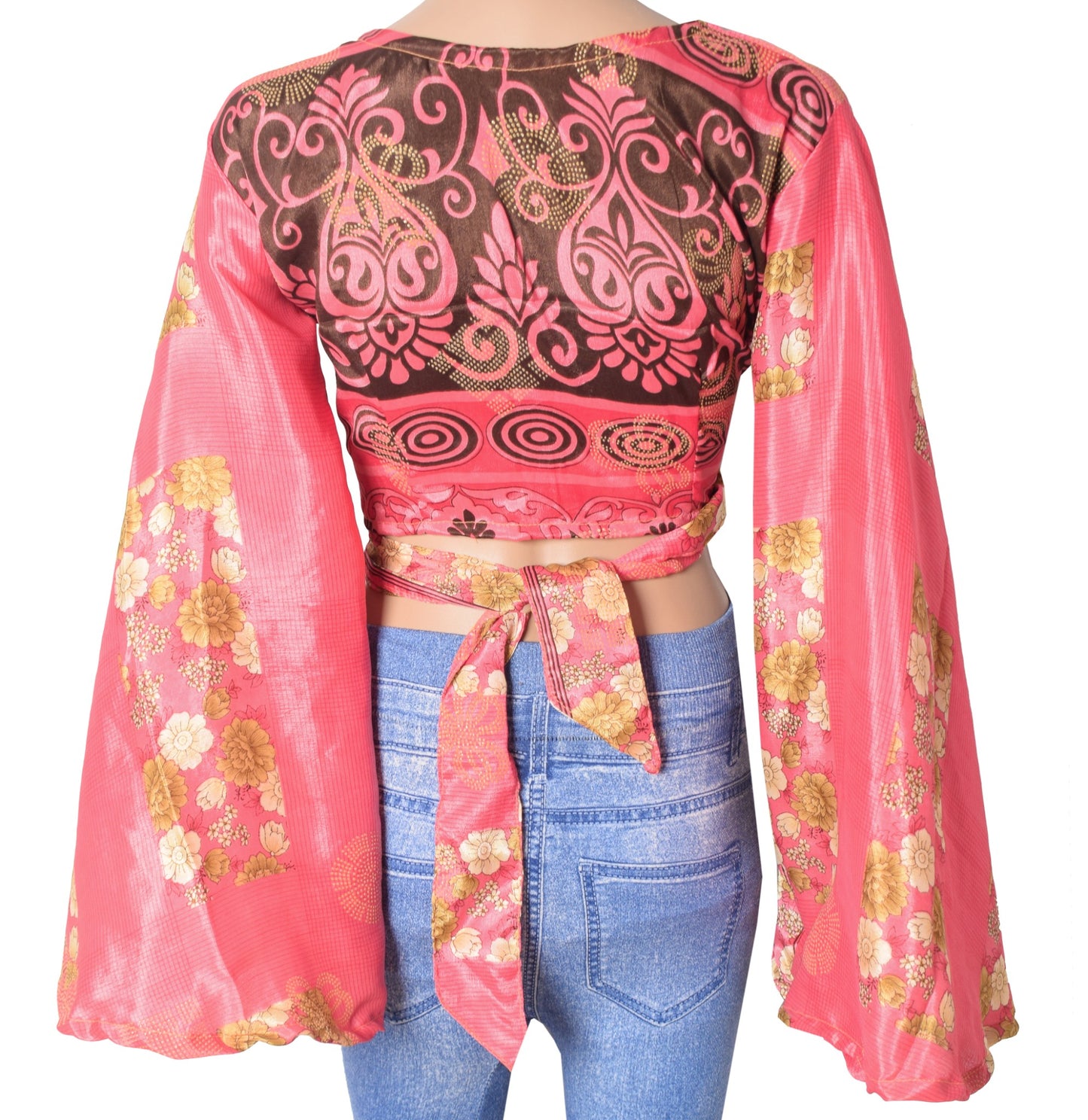 Sushila Vintage Bell Sleeve Bohemian NEW Recycled Silk Saree Pink Top 70s Retro
