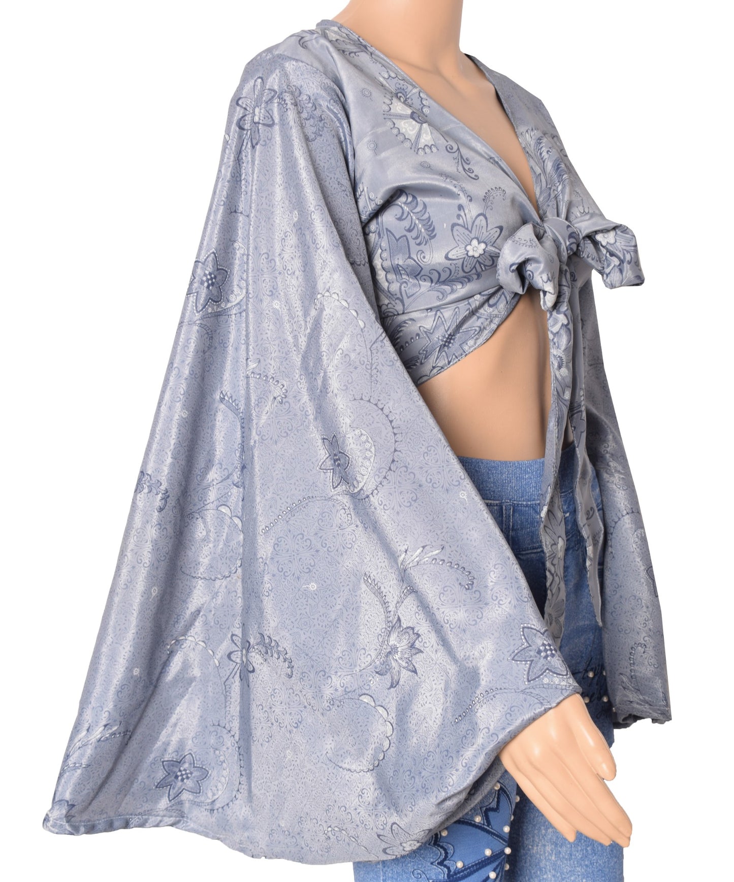 Sushila Vintage 70s Retro Bohemian Bell Sleeve Top Gray Recycled Silk Saree New
