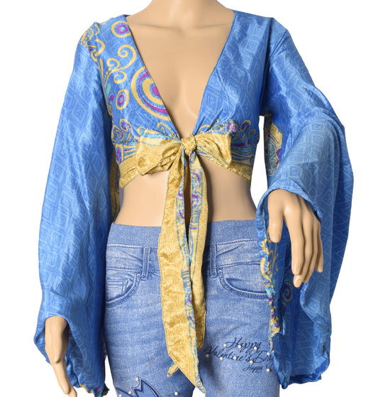 Sushila Vintage 70s Boho Bell Sleeve Top Turquoise Recycled Silk Saree New Boho