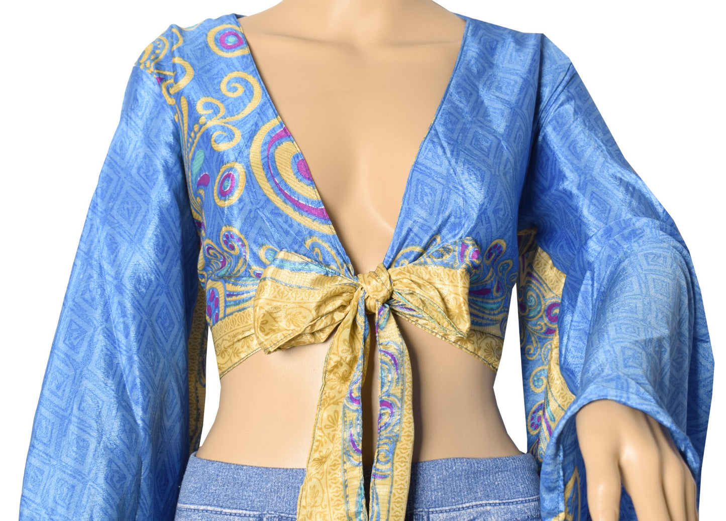 Sushila Vintage 70s Boho Bell Sleeve Top Turquoise Recycled Silk Saree New Boho