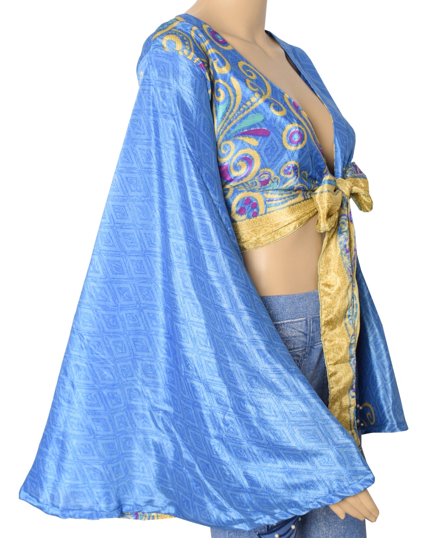 Sushila Vintage 70s Boho Bell Sleeve Top Turquoise Recycled Silk Saree New Boho