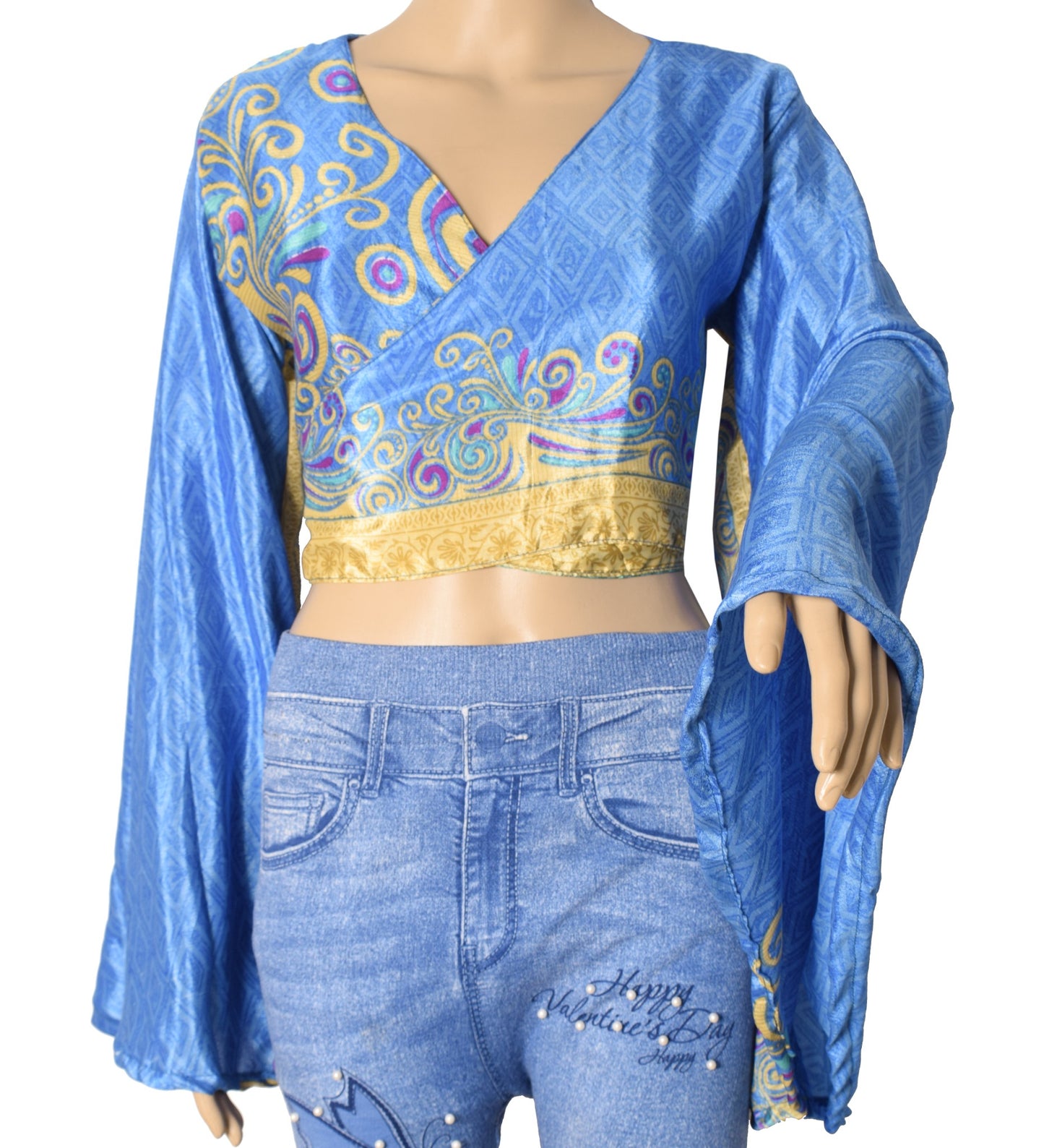 Sushila Vintage 70s Boho Bell Sleeve Top Turquoise Recycled Silk Saree New Boho