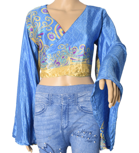 Sushila Vintage 70s Boho Bell Sleeve Top Turquoise Recycled Silk Saree New Boho