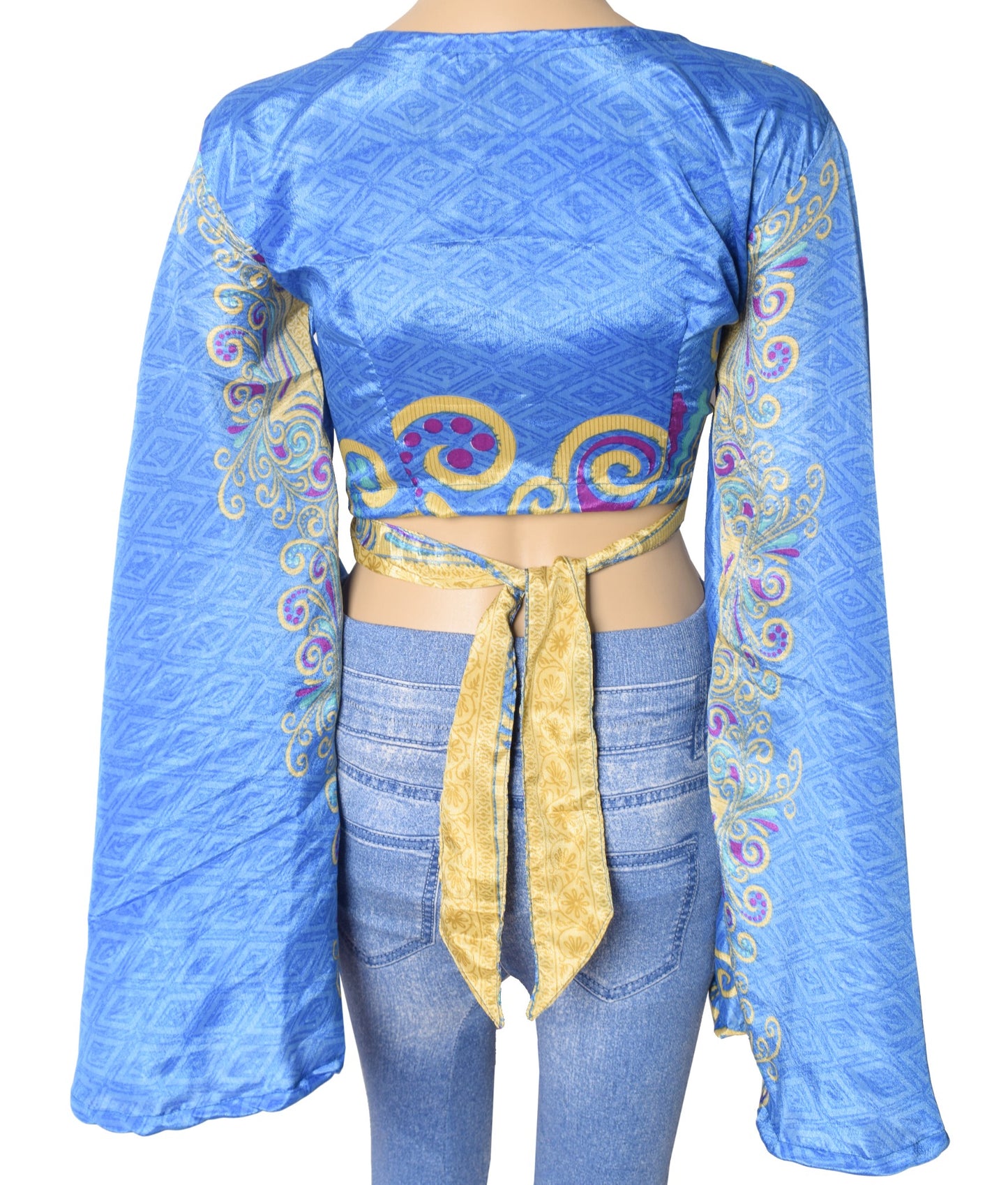 Sushila Vintage 70s Boho Bell Sleeve Top Turquoise Recycled Silk Saree New Boho