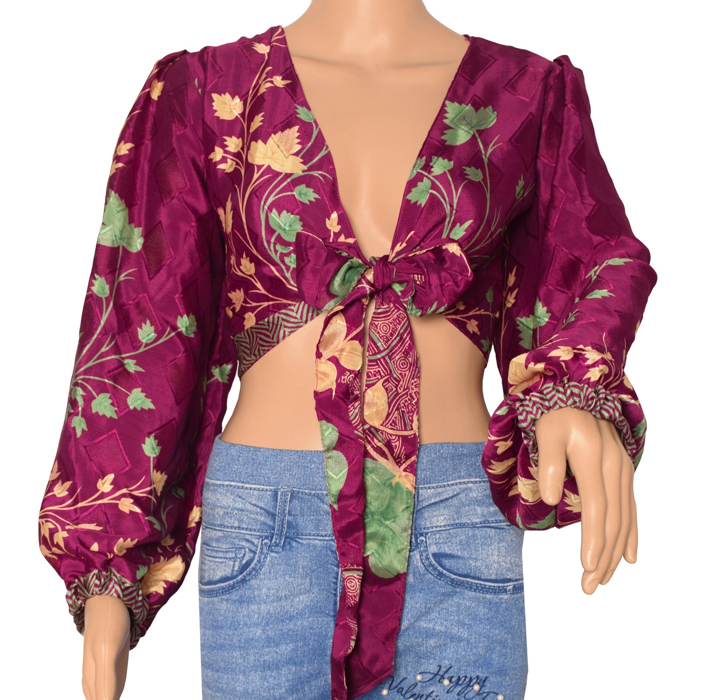 Sushila Vintage Boho Top 70s Balloon Sleeve Recycled Silk Saree New Dark Purple