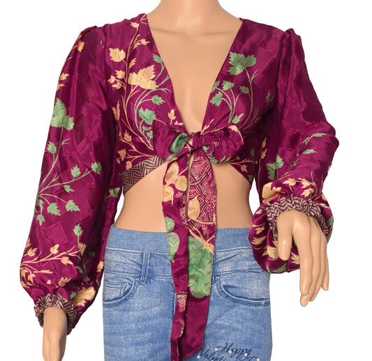Sushila Vintage Boho Top 70s Balloon Sleeve Recycled Silk Saree New Dark Purple