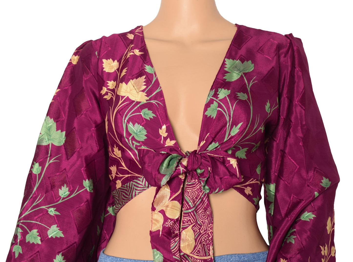 Sushila Vintage Boho Top 70s Balloon Sleeve Recycled Silk Saree New Dark Purple