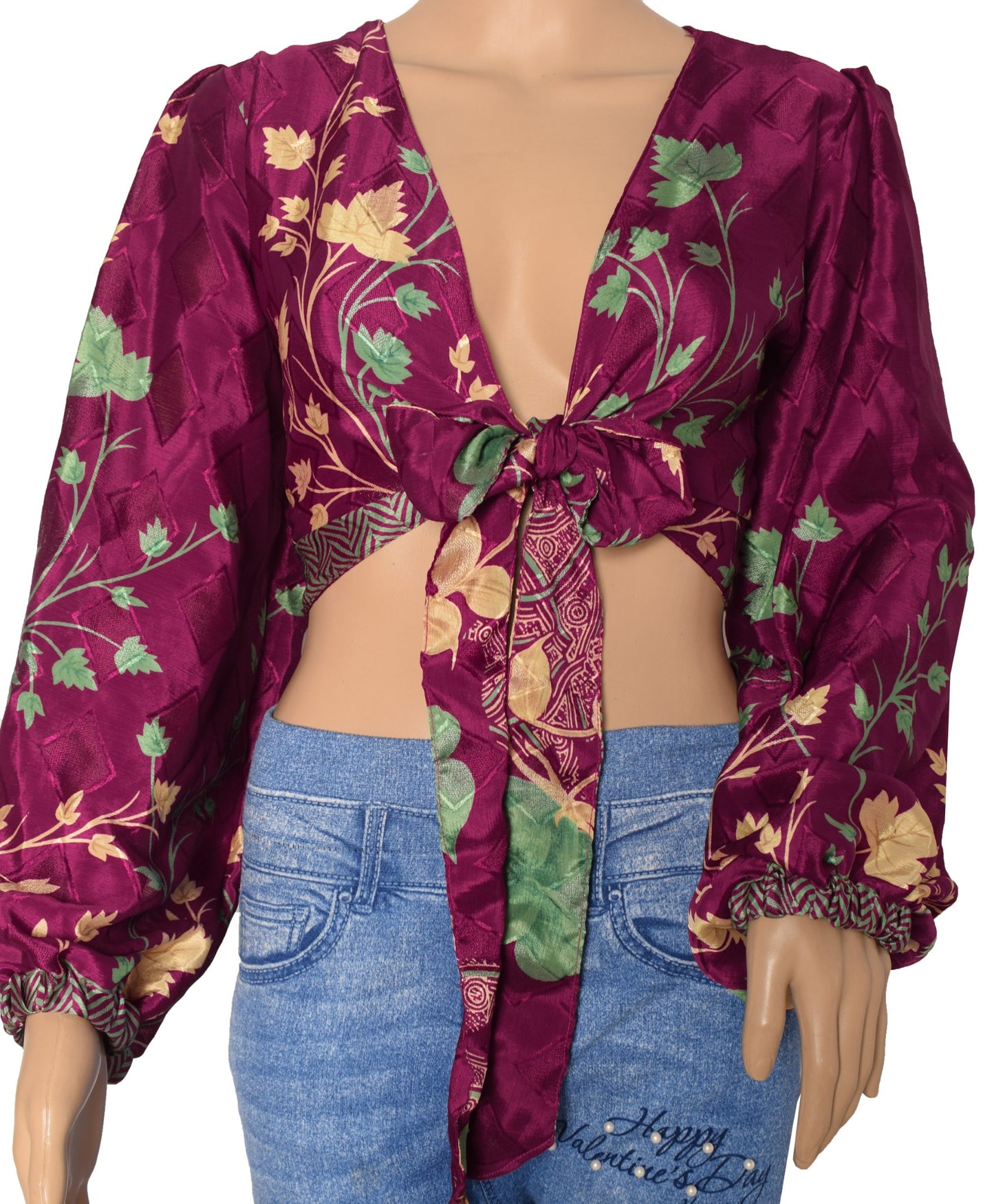 Sushila Vintage Boho Top 70s Balloon Sleeve Recycled Silk Saree New Dark Purple