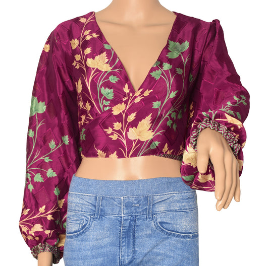 Sushila Vintage Boho Top 70s Balloon Sleeve Recycled Silk Saree New Dark Purple