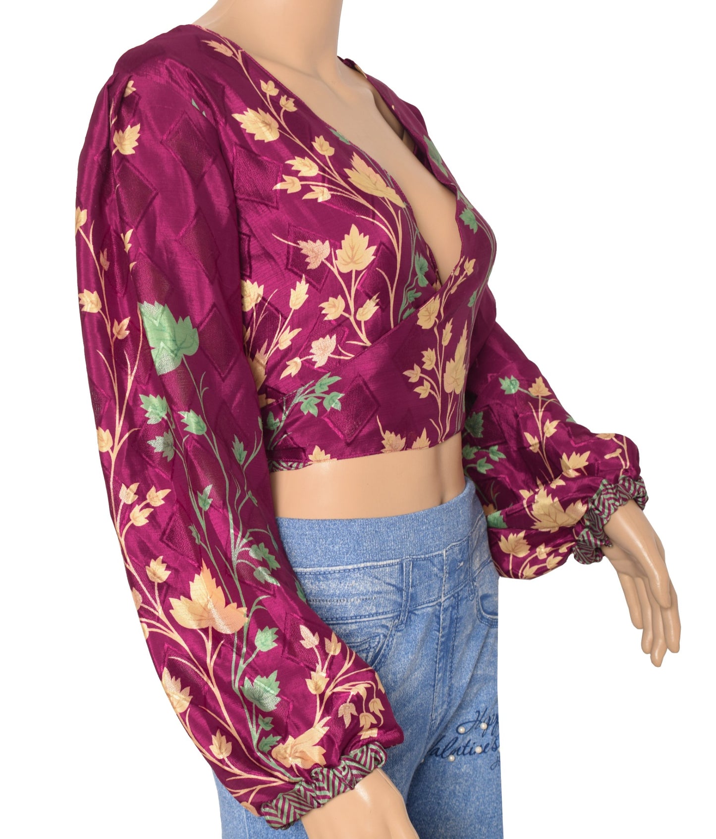 Sushila Vintage Boho Top 70s Balloon Sleeve Recycled Silk Saree New Dark Purple