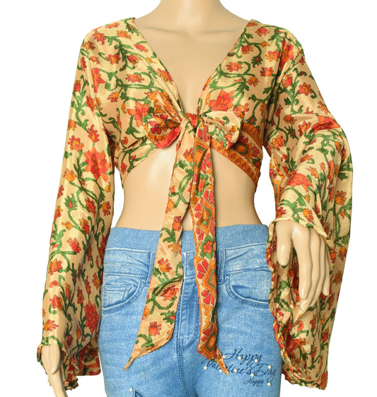 Sushila Vintage Bell Sleeve Boho Printed NEW Recycled Silk Saree Top 70,s Retro