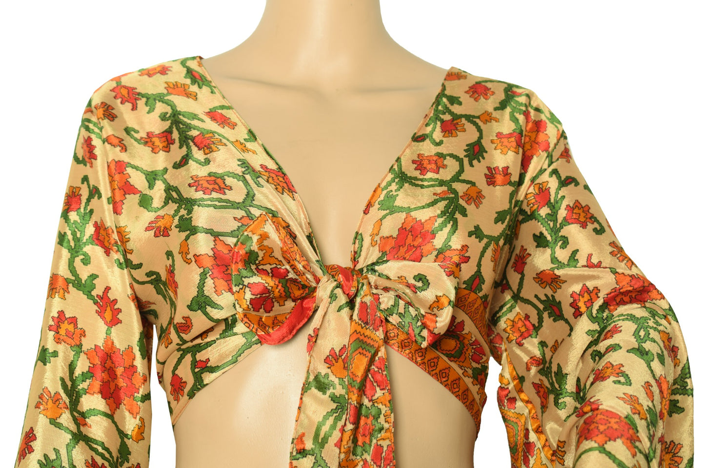 Sushila Vintage Bell Sleeve Boho Printed NEW Recycled Silk Saree Top 70,s Retro