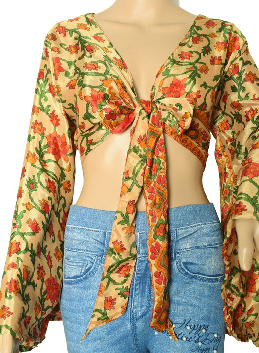 Sushila Vintage Bell Sleeve Boho Printed NEW Recycled Silk Saree Top 70,s Retro